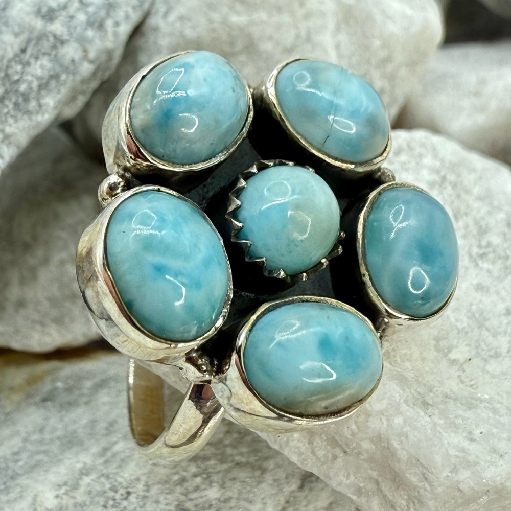 Sterling Silver Larimar Floral Cluster Ring Size 10 Boho Southwestern 925 - Picture 8 of 17